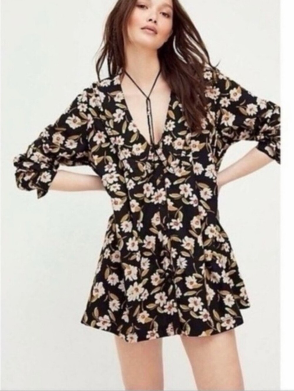 Free People Black Floral V-Neck Mini Charlie Dress Size Large Boho Festival